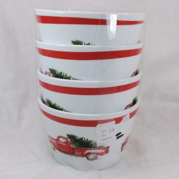 222 FIFTH Set of 4 WINTER CHEER Small BOWLS Santa Red Pickup Truck Tree NEW - Picture 4 of 12